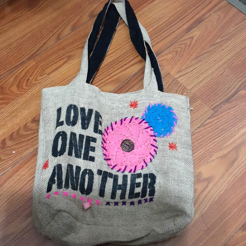 NATURAL LIFE Beige Tote with Pink and Blue Crochet Accents